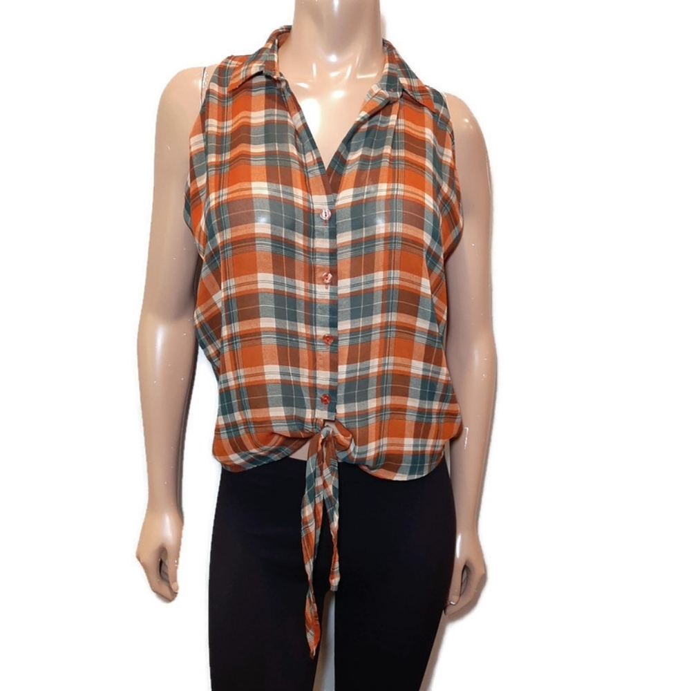 Sheer Plaid Tie Front Top Sleeveless Buttoned Fall Collared Orange Green